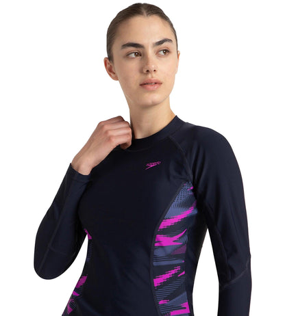 Women's Hyperboom Splice Print Long Sleeve Suntop - True Navy, Hapuna Blue & Diva