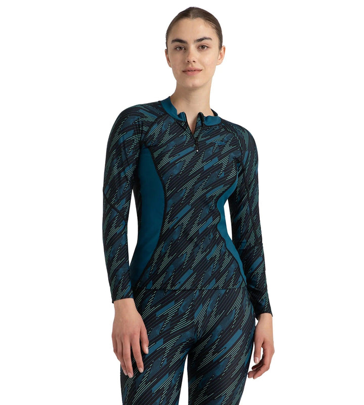 Women's Hyperboom Print Long Sleeve Suntop - Black, Dark Teal & Arctic Glass