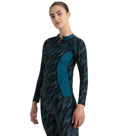 Women's Hyperboom Print Long Sleeve Suntop - Black, Dark Teal & Arctic Glass