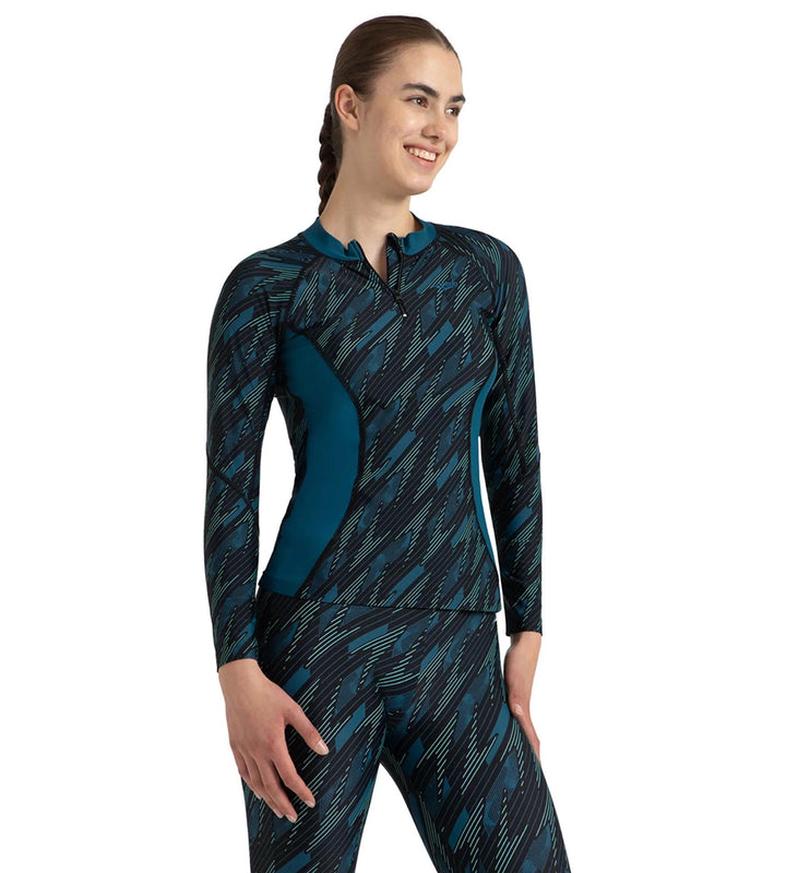 Women's Hyperboom Print Long Sleeve Suntop - Black, Dark Teal & Arctic Glass