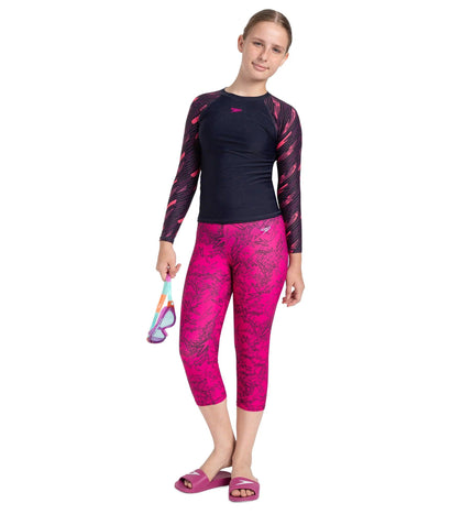 Girl's Endurance 10 Astropop Printed Swim Capri - Black & Electric Pink