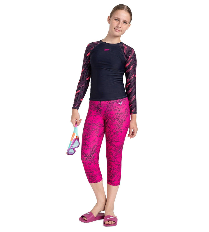 Girl's Endurance 10 Astropop Printed Swim Capri - Black & Electric Pink