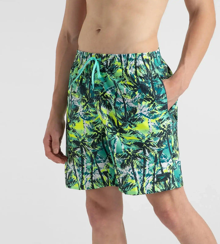 Men's 4 Way Comfort Stretch Essential Printed Watershorts With Side Pockets - Swell Green, Arctic Glass & Hyper Yellow