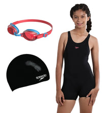 Combo of Goggles, Swim Cap & Legsuit For Girls - Lava Red & Black