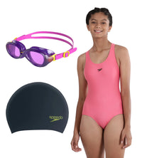 Combo of Goggles, Swim Cap & V-Cut Swimsuit For Girls - Ecstatic Pink, Black & Fandango Pink