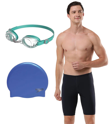 Combo of Goggles, Swim Cap & Jammer For Men - Green, Blue & True Navy