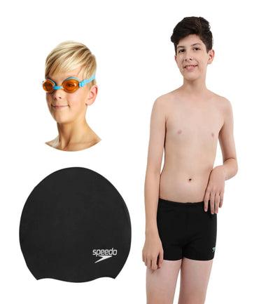 Combo of Goggles, Swim Cap & Aquashorts For Boys - Black & Blue