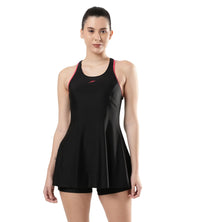 Women's Endurance Racerback Swimdress With Boyleg - Black  &  Raspberry Fill_7