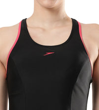 Women's Endurance Racerback Swimdress With Boyleg - Black  &  Raspberry Fill_6