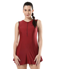 Women's Endura Brite Closedback Swimdress With Boyleg - Oxblood & Black_1