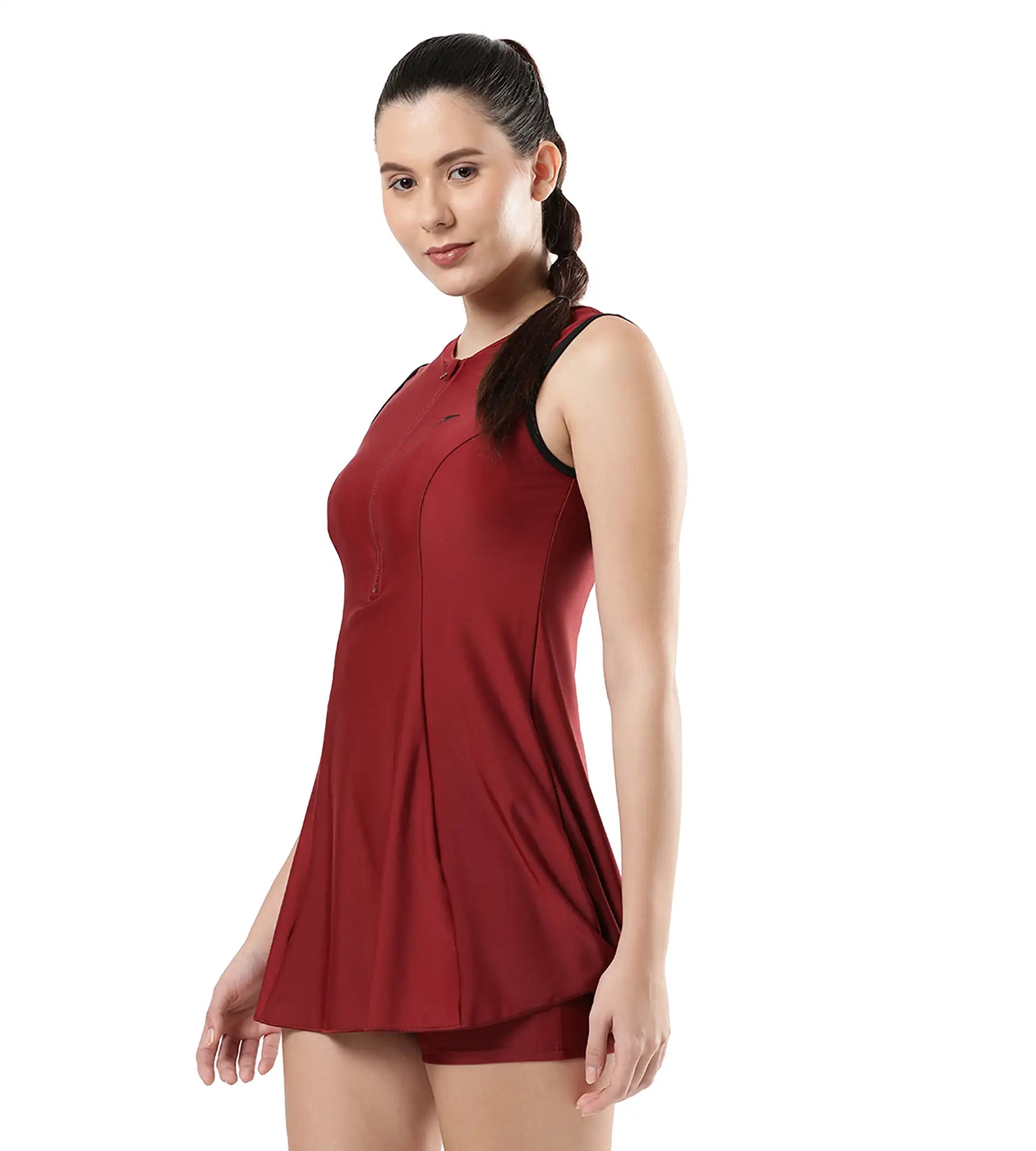 Women's Endura Brite Closedback Swimdress With Boyleg - Oxblood & Black_2